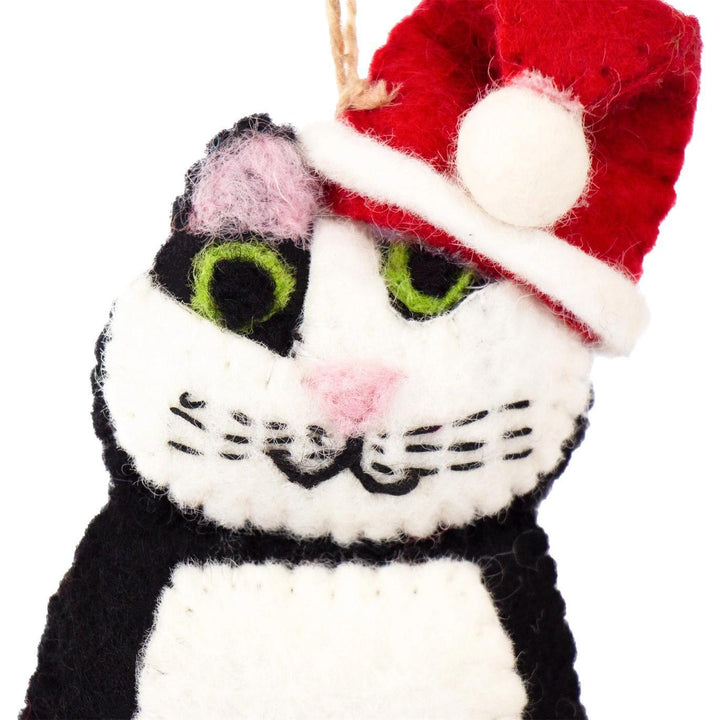 Black & White Tabby Santa Cat Felt Ornament
