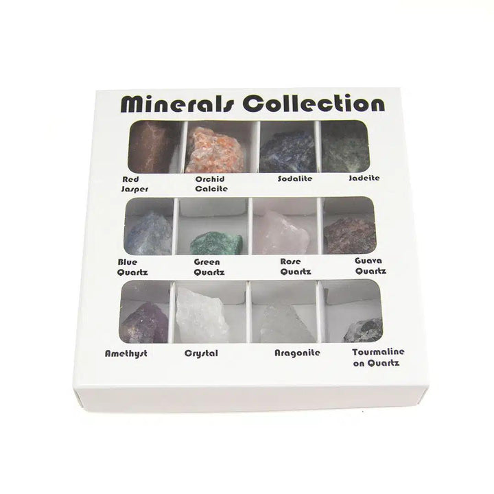 A box set containing 12 various polished minerals arranged in compartments, labeled with the mineral names.
