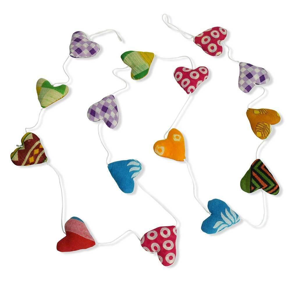 String of colorful heart-shaped decorations on a white background