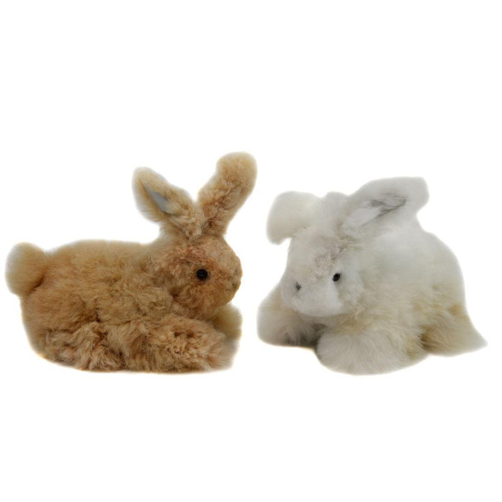 Two large alpaca rabbits on a white background