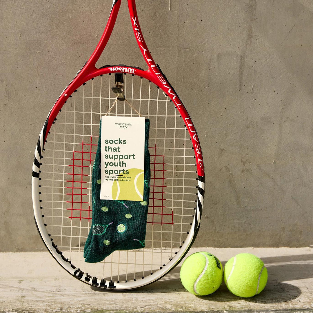 Socks that Support Youth Sports (Green Tennis Rackets)