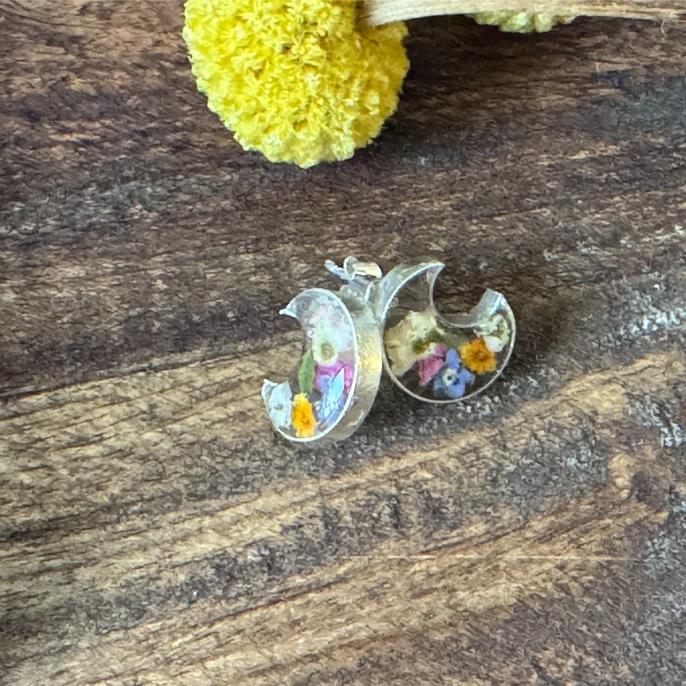 Pressed Flower Bouquet Crescent Earrings