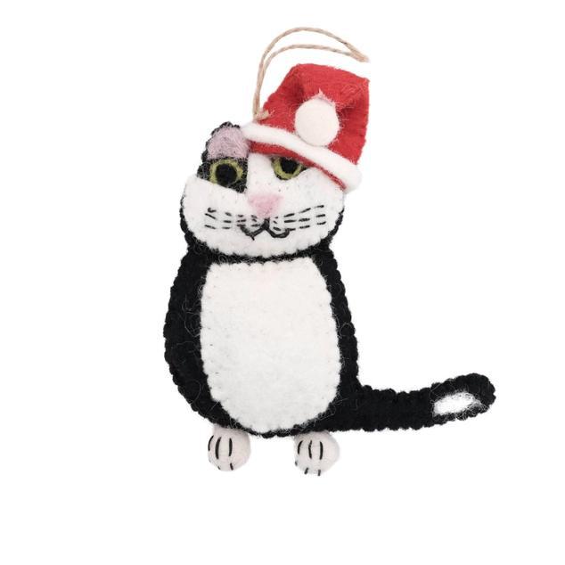 Black & White Tabby Santa Cat Felt Ornament