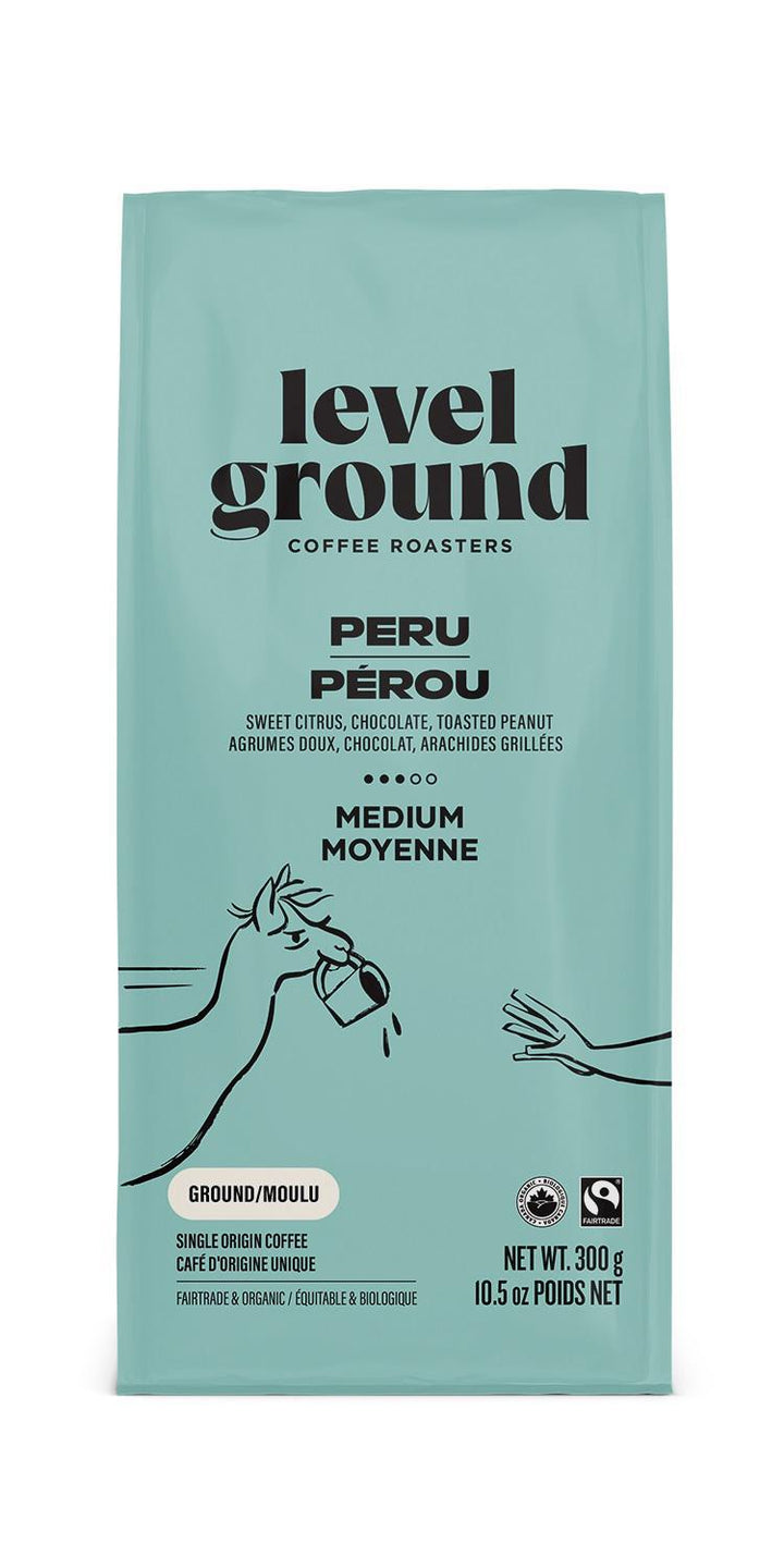 A bag of Level Ground Coffee Peru, showing the packaging with text and illustrations related to the coffee's origin and roasting level.