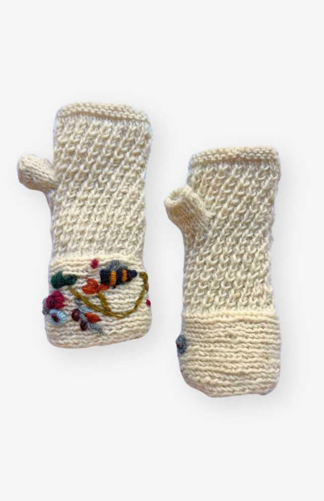 Embroidered Bee Knit Fingerless Gloves