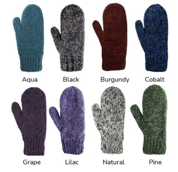 Set of eight different colored mittens on a white background