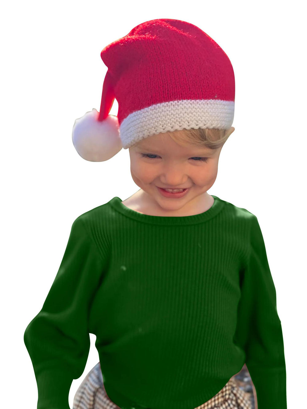 Child wearing a red and white Santa hat and green sweater on a white background