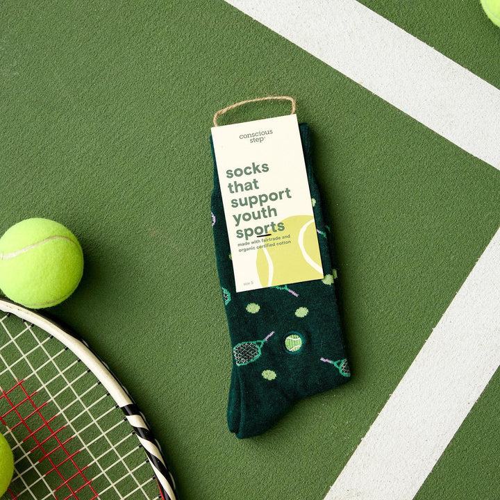 Socks that Support Youth Sports (Green Tennis Rackets)