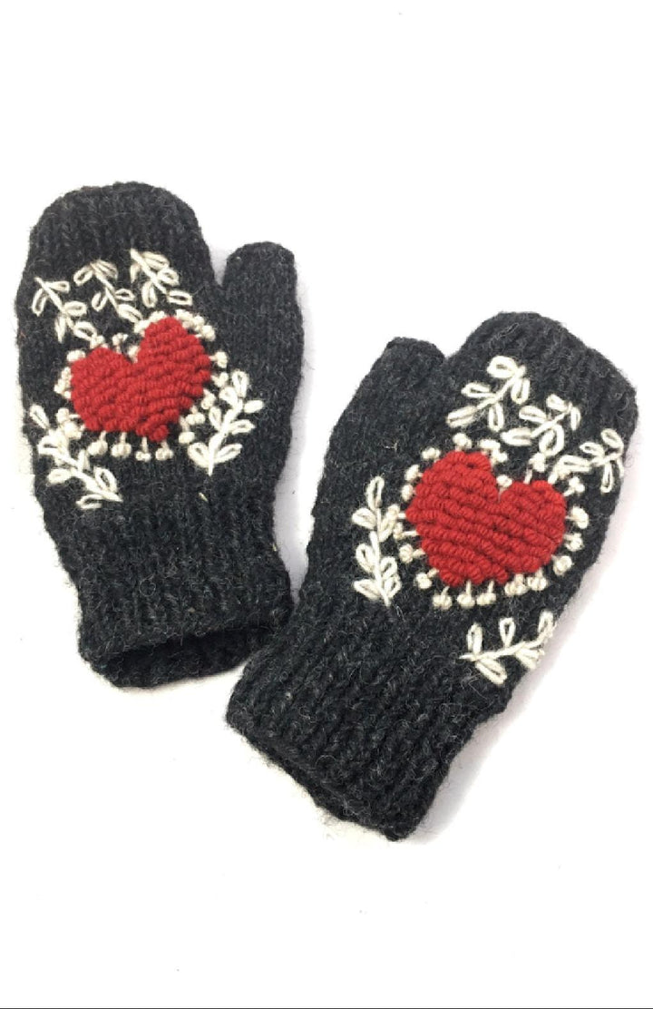 Embroidered Heart Knit Fingerless Gloves