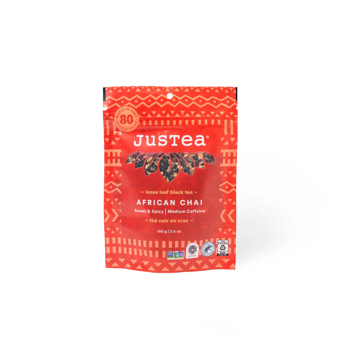 JusTea African Chai tea package on a white background