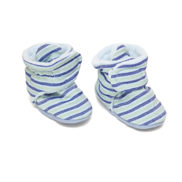 Pair of baby striped booties on a white background