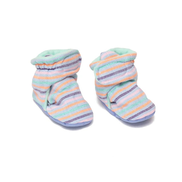 Pair of striped baby booties on a white background