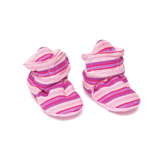 Pair of pink and purple striped pet boots on a white background