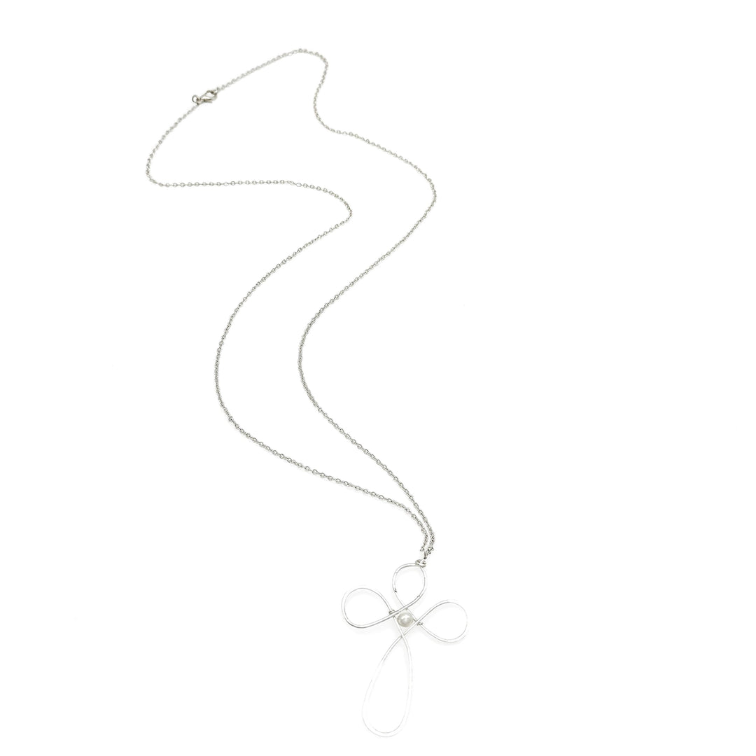 Silver necklace with a bow pendant on a white background