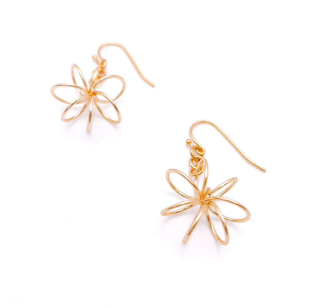 Gold flower-shaped earrings on a white background