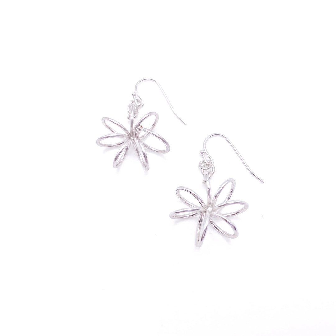 Silver flower-shaped earrings on a white background