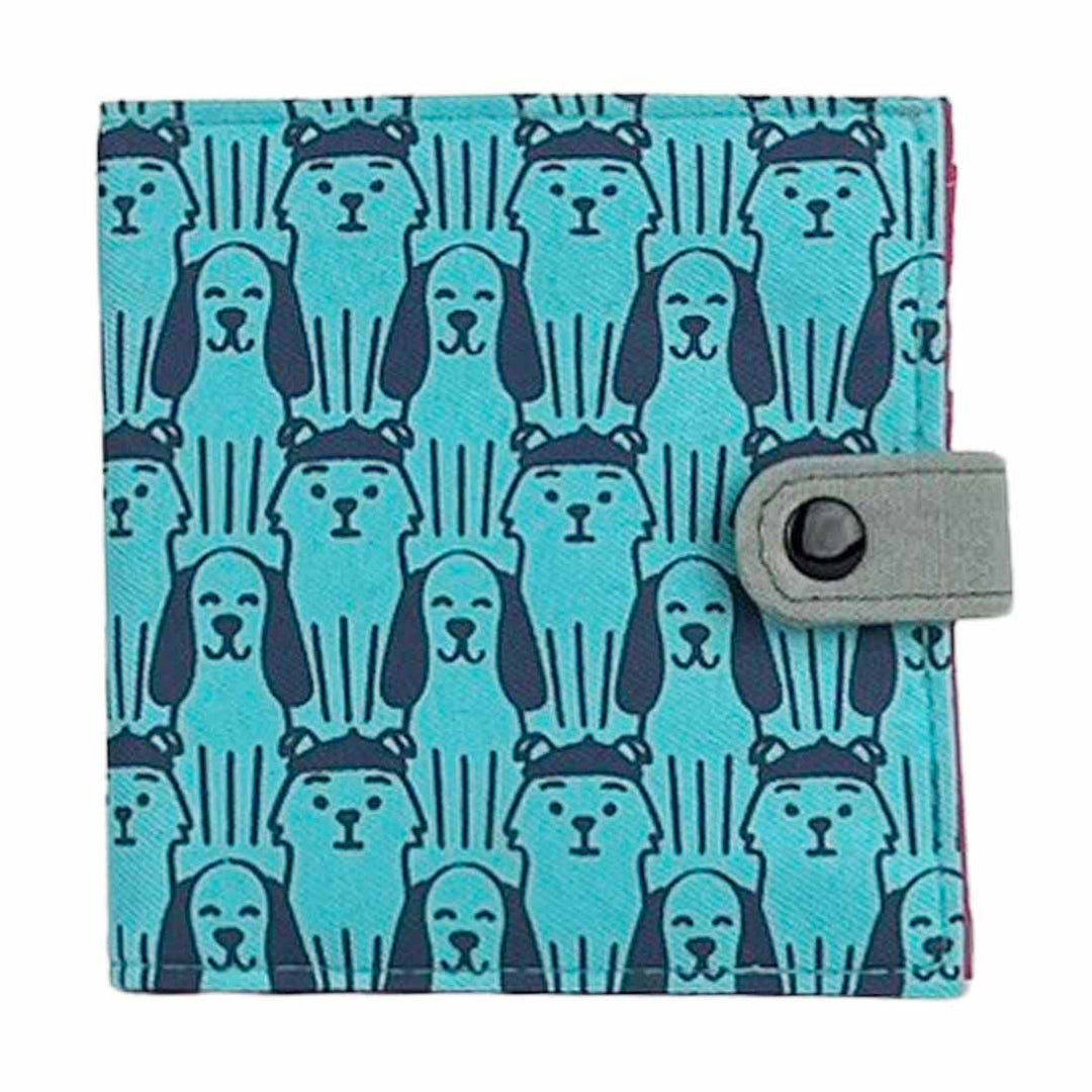 Small wallet with a blue and gray dog pattern on a white background