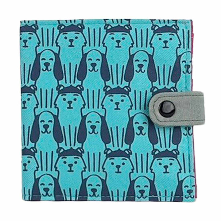 Small wallet with a blue and gray dog pattern on a white background