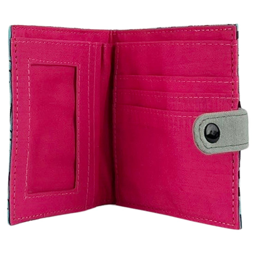 Pink wallet with a gray flap on a white background