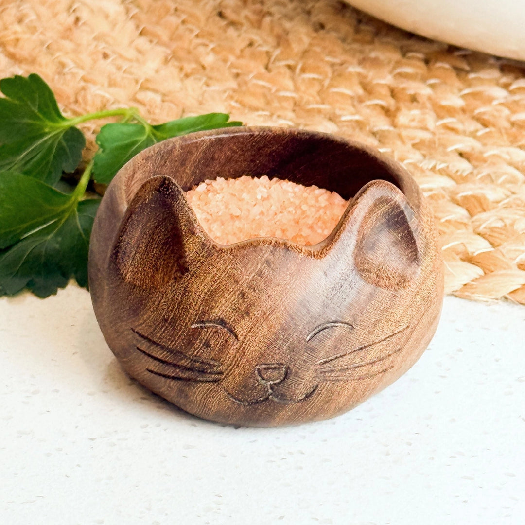 Wooden cat-shaped bowl with salt on a textured surface