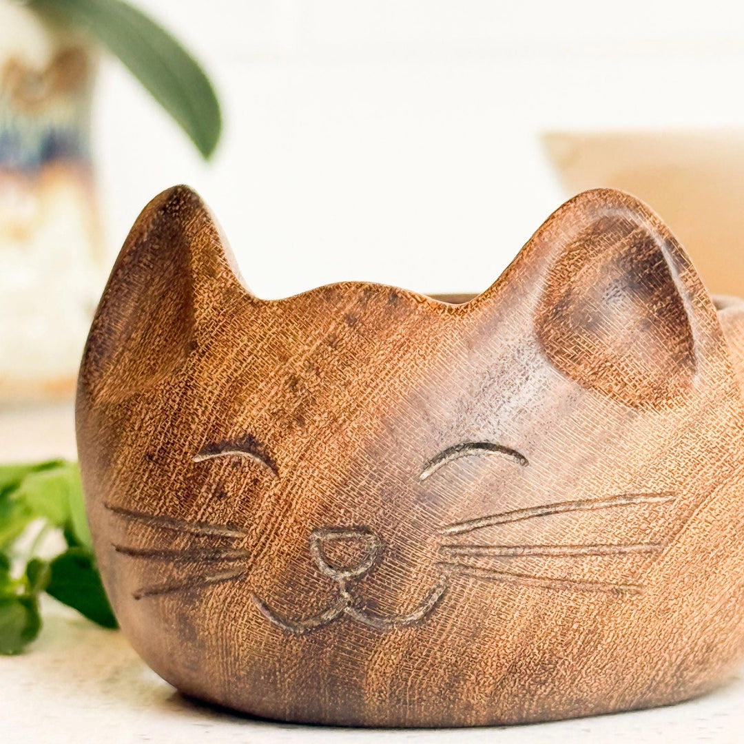 Wooden cat-shaped bowl with a blurred background