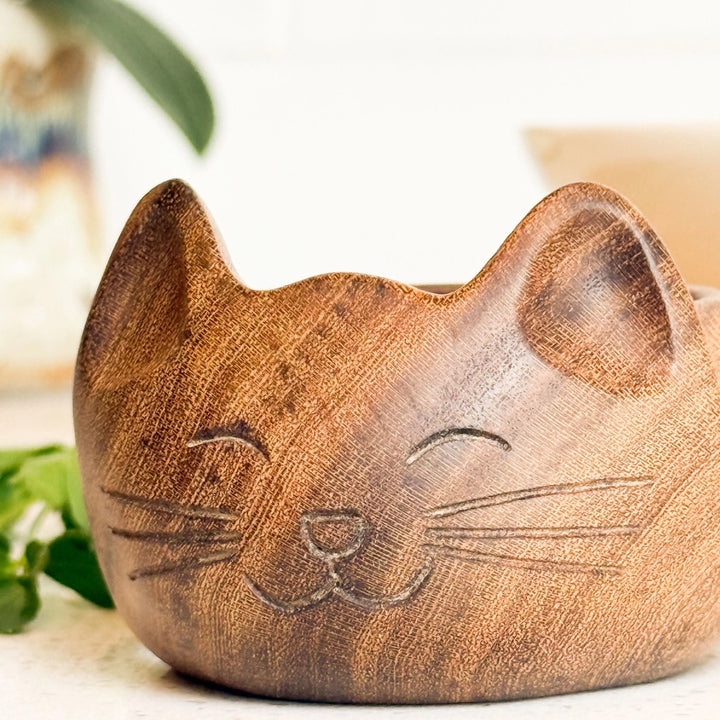 Wooden cat-shaped bowl with a blurred background
