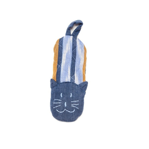 Blue cat-shaped skillet holder with striped pattern on a white background