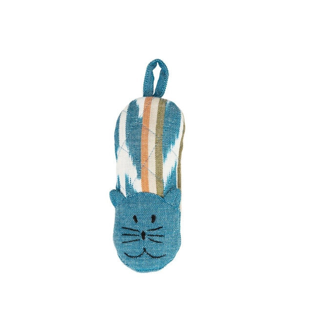 Blue cat-shaped skillet handle holder with a striped pattern on a white background