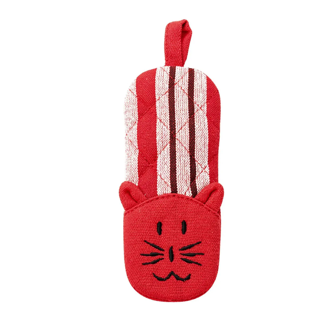 A red and white striped oven mitt designed to look like a cat's head, featuring embroidered black facial features and a hanging loop at the top, shown on a plain white background.