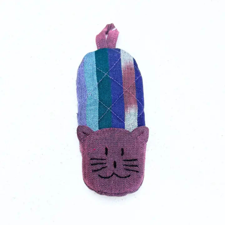 A small handmade fabric catcshaped pouch with a purple cat face and a striped multicolor body, shown on a plain white background.