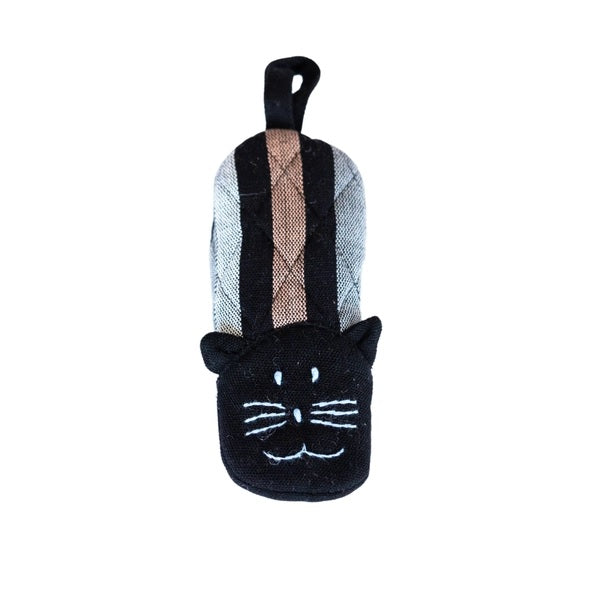 Black cat-shaped skillet handle holder striped pattern on a white background