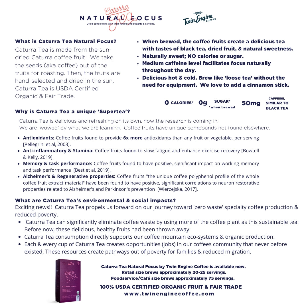 A text-heavy promotional page for Caturra Tea Natural Focus, with product description, benefits, serving information, and a small product photo of a brown tea bag on a white background.