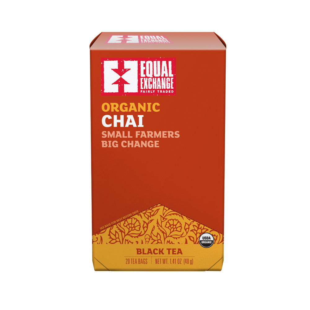 Box of Equal Exchange Organic Chai Black Tea on a white background