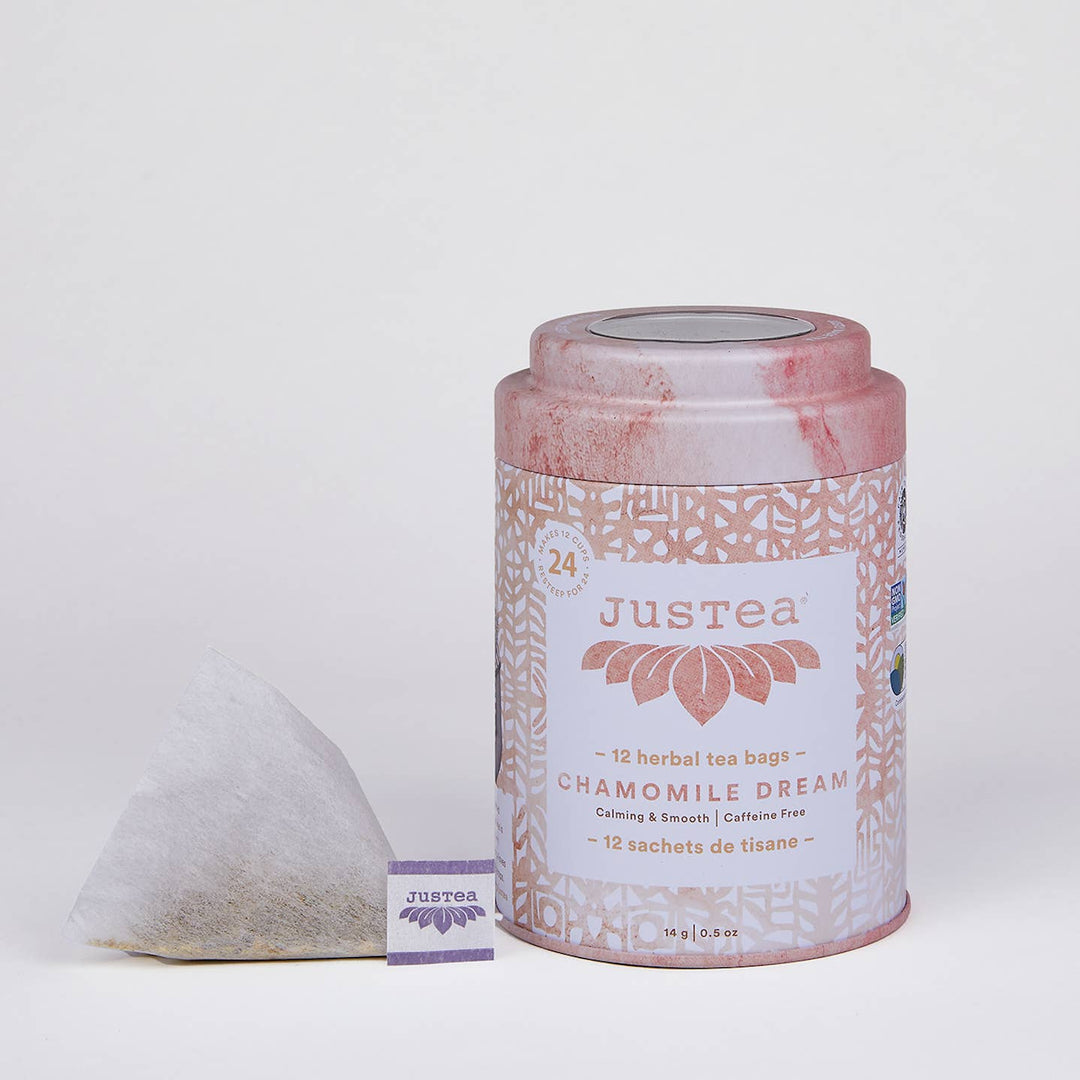 JusTea Chamomile Dream tea bag canister on a white background