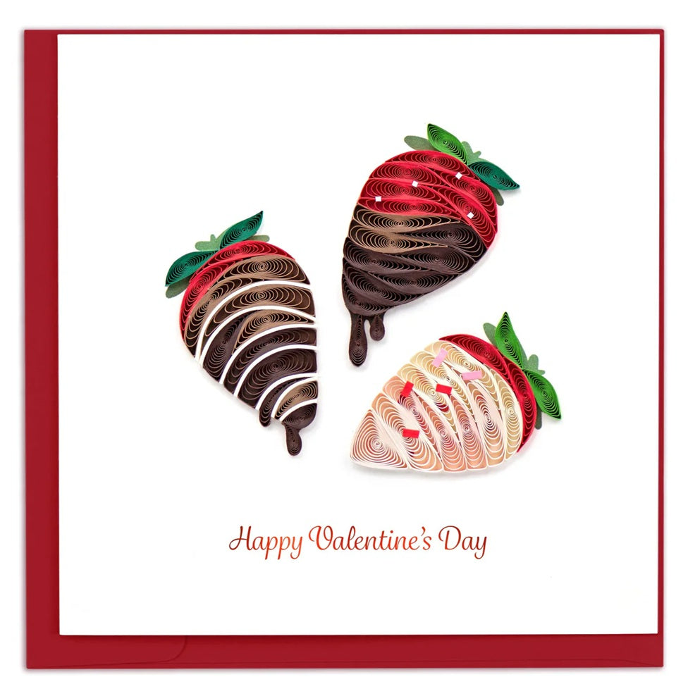 Valentine's Day card with quilled strawberry designs and 'Happy Valentine's Day' text.