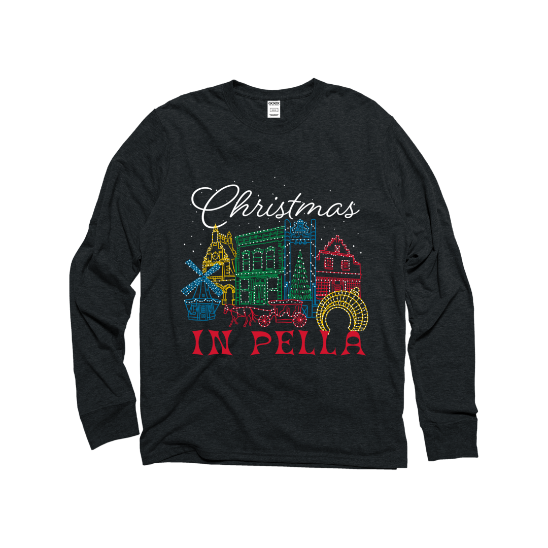 Black long-sleeve shirt with colorful Christmas-themed design
