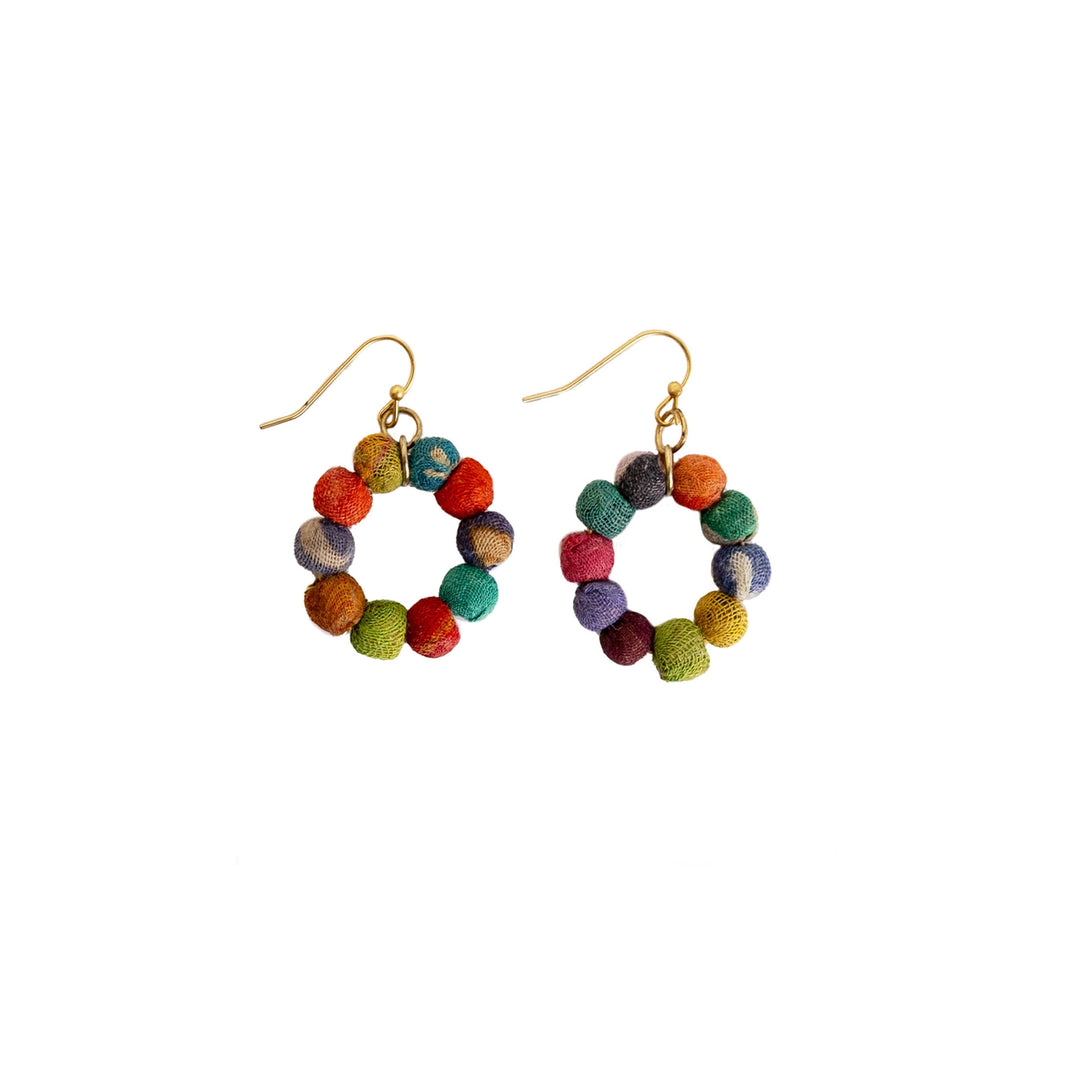 Colorful Kantha petite hoop beaded earrings on a white background