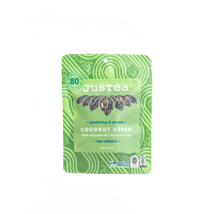 Justea coconut green tea package on a white background