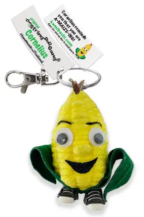 Cornetto string doll keychain with googly eyes and a smiling face, attached to a keyring with a Cornetto branded tag.