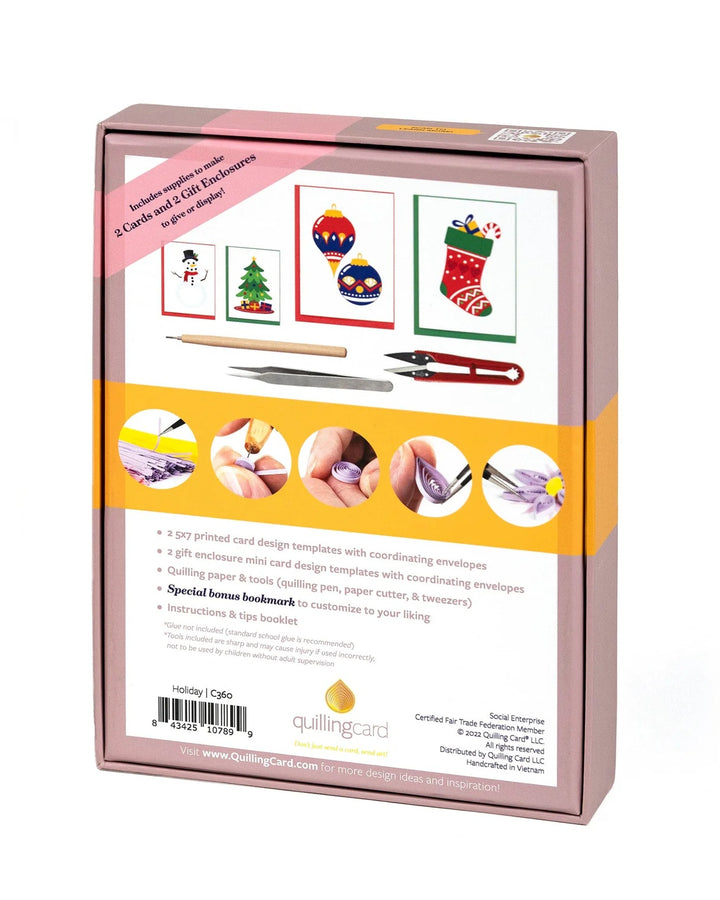 Holiday quilling card kit packaging with illustrations of cards and tools on a white background