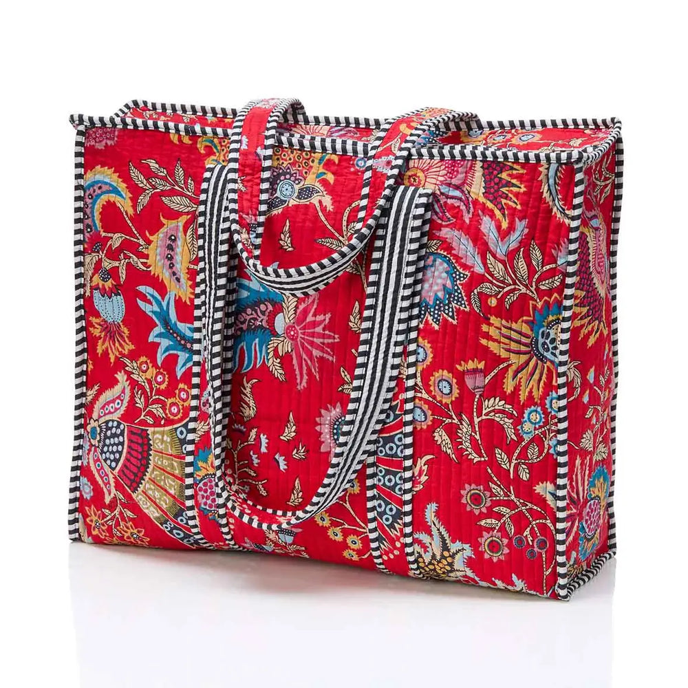 a crimson paisley large quilted tote on a white background