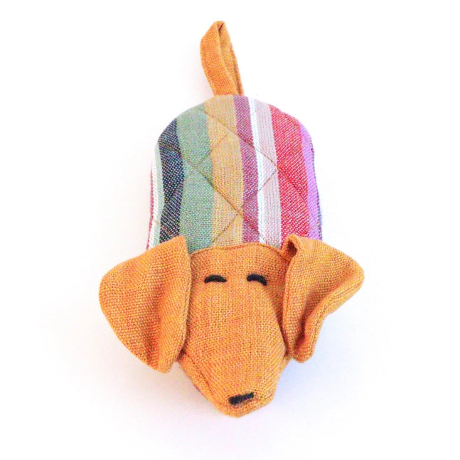 Dog toy shaped like a dachshund head skillet handle holder with a striped rainbow body on a white background