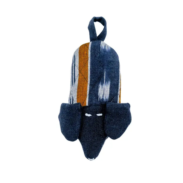 Blue and orange striped dog skillet handle holder with a hanging loop on a white background