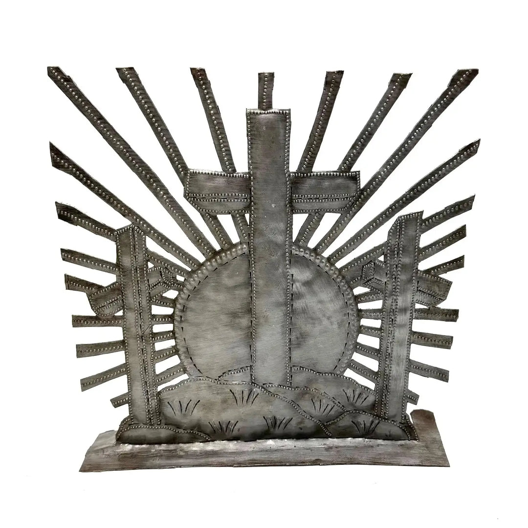 Decorative metal sunburst Easter scene table decor on a white background