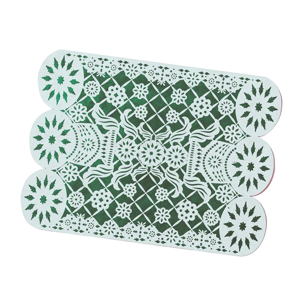 Green and white decorative placemat with floral and geometric patterns on a white background