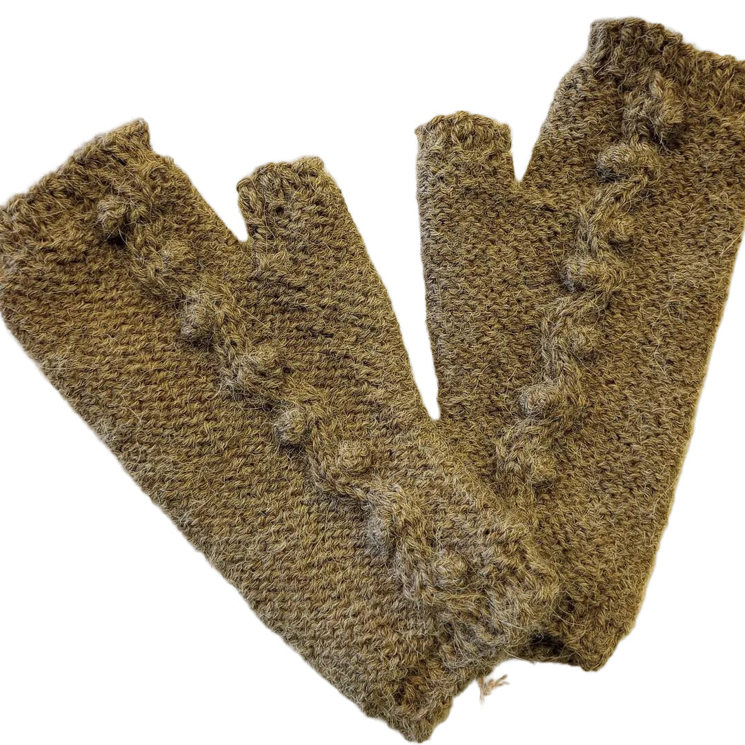 Pair of brown knitted fingerless gloves on a light background