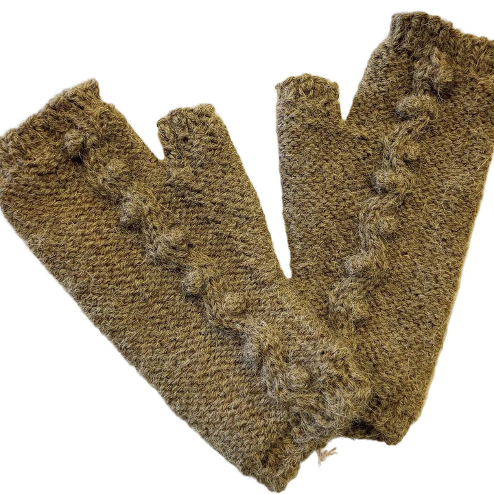 Pair of brown knitted fingerless gloves on a light background