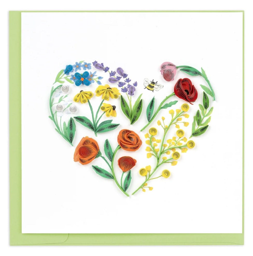 Quilling Card with a heart-shaped arrangement of colorful flowers on a white background