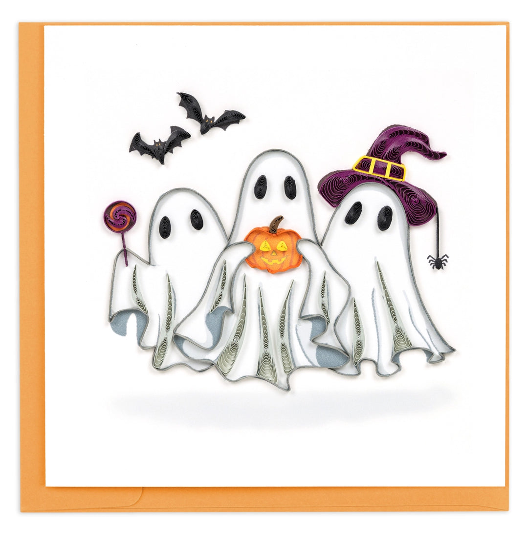 Halloween-themed quilling card with three ghosts, a pumpkin, and bats on a white background.
