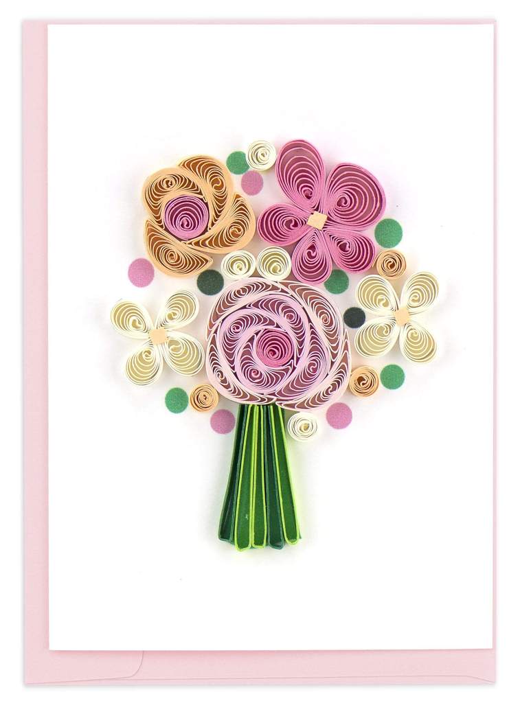 Quilled flower bouquet card with pink and yellow flowers on a white background